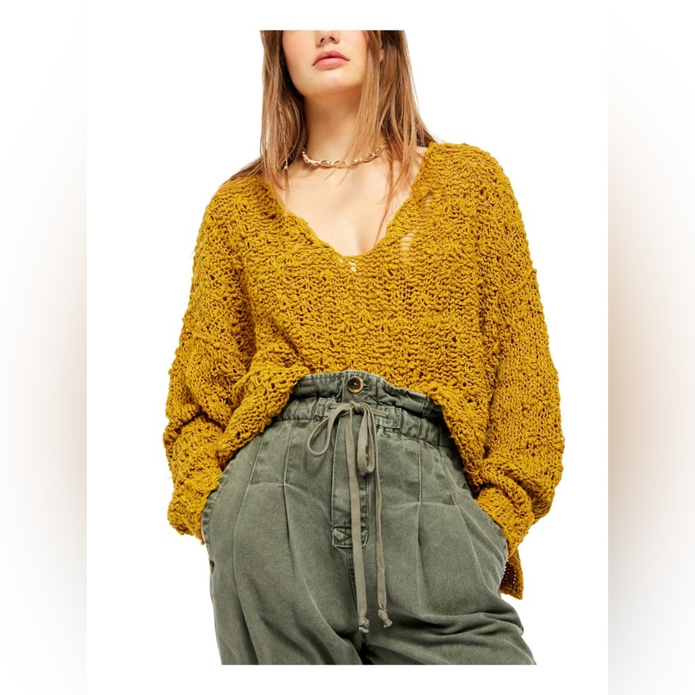 Free People Sunday Shore Pullover Sweater Mustard Boho Yellow Medium
